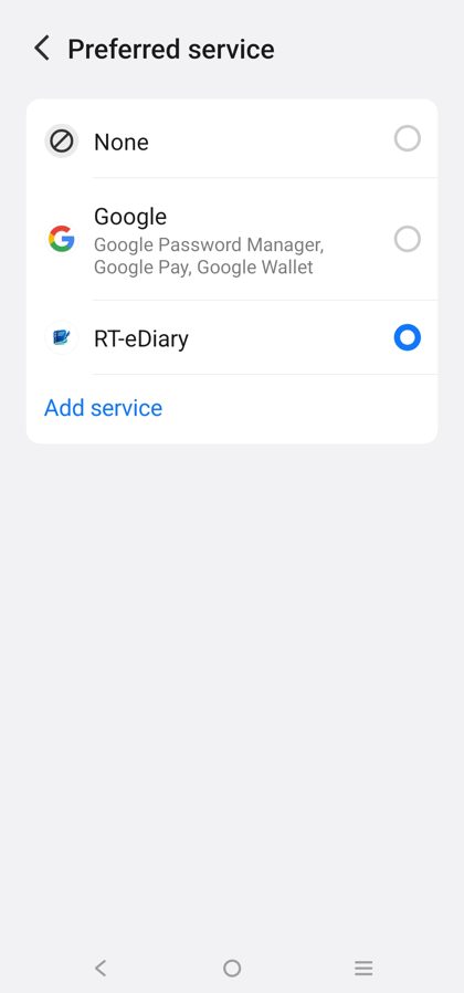 Android settings with RT-eDiary chosen as the preferred autofill service