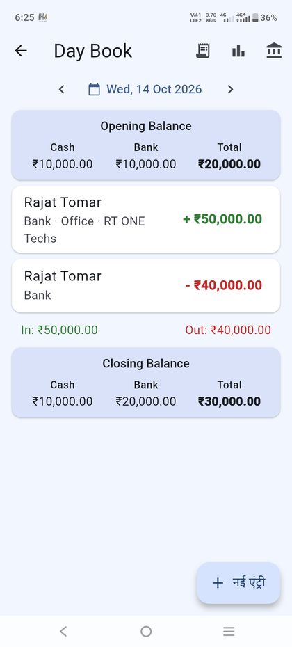 Day Book with opening and closing balance for cash and bank