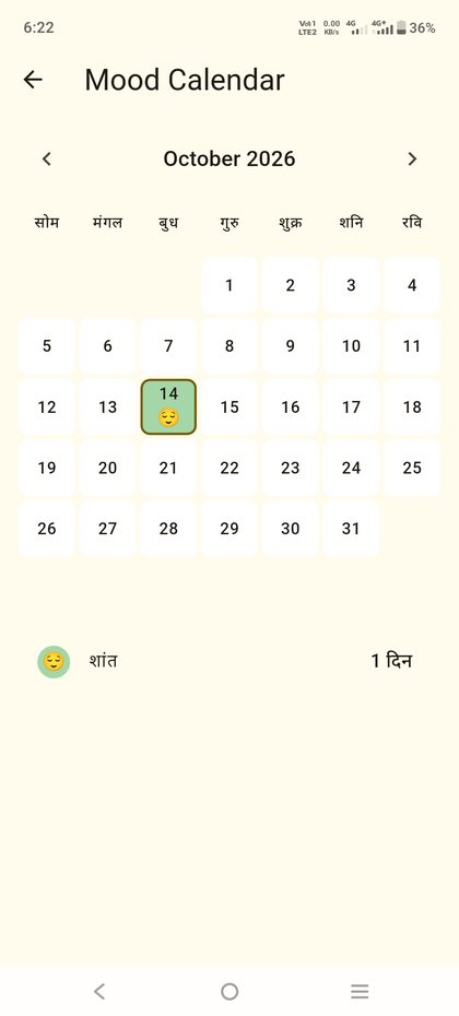 Mood calendar showing a month with the mood of each day